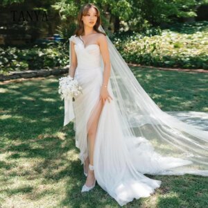 Elegant Soft Tulle Wedding Dress Sweetheart Neck Sleeveless Mermaid Bridal Dress High Side Split Sweep Train Sheath Bridal Gown