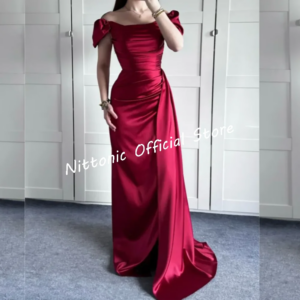 Classic Satin Off Shoulder Pleat Straight Formal Evening Dresses Birthday Party Prom Gowns Customized