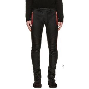 Trendy Men Ankle Zip Genuine Sheepskin 100% Leather Pant Red Strip Trouser