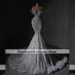 Cara&Alan Crystal Pearls Evening Dresses Luxury Mermaid Lace Weeding Party Dress Design Engagement Gowns Prom Customized