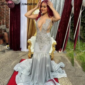 EVLAST Customized Shiny Silver Mermaid Prom Dress Black Girls Crystal Beaded African Birthday Party Dress Gala Gown E3P316