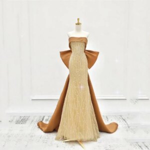 Champagne Evening Dresses Mermaid Beading Sequined Bow Back Backless Strapless Train High Quality Wedding Formal Party Prom Gown