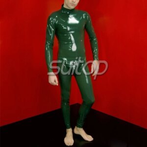 Men’s Suitop army green latex catsuit sexy latex code-piece with back zip
