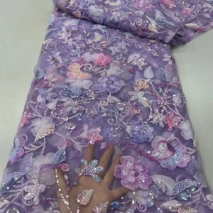 Latest Hot Sale Fashion Africa Lace Fabric High Quality Handmade Embroidery Lace With Beads Sequins Party For Wedding Dress