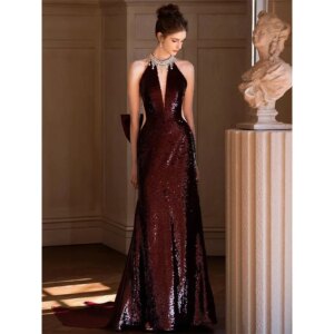 sequined bridesmaid burgundy banquet backless sleeveless sexy hanging neck heavy-duty fishtail evening dress