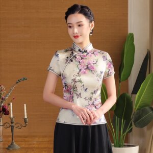 Cheongsam Qipao Women’s Dress Summer Print High Quality Real Silk Stand Collar Top