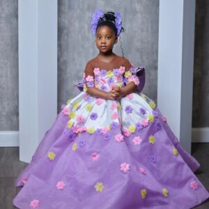 Luxury Floral Girl’s Birthday Party Dresses Customized Lilac Bow Back Flower Girl Dresses Baby Princess Kids Pageant Gowns