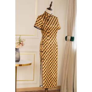 New High Quality Real Silk Cheongsam Qipao Women Dress Vintage High-End Composite Printing