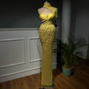 Elegant Dubai Pearls Mermaid Evening Dresses Beads Sequin Yellow Arabic Party Gown Floor Length Formal Prom Dress Robe De Soiree