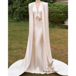 Customized  Satin Evening Dresses Cape Long Sleeve Chapel Train Sequined Beading Formal Occasion Prom Dress For Pretty Women2025