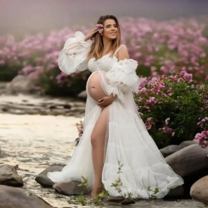 Bohemain White Maternity Dress for Photo Illsuion Bridal Evening Dresses Front Slit Shooting Babyshower Bathrobe Wear