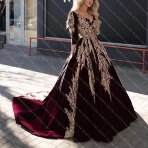 New Fashion Burgundy Evening Dresses Luxury Lace Appliqued Dubai Arabic Celebrity V-Neck Long Sleeve A-LINE Formal Pageant Gown
