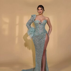 Blue Beaded Pearls Mermaid Evening Dress For Women Long Sleeve Feathers Wedding Party Gown Customized Gorgeous Prom Dresses