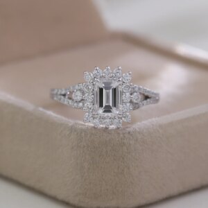 Provence real 14K/18K gold rings 1CT emerald cut lab diamond engegament rings luxury flower halo Wedding Anniversary rings gift