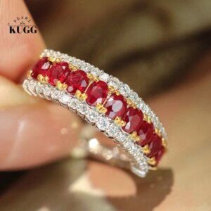 KUGG 100% 18K White Gold Rings Luxury Shiny Design Shiny Diamond Natural Ruby Gemstone Ring for Women High Party Jewelry
