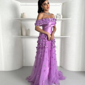 Customized Graceful Satin A-Line Off the Shoulder Flowers Evening Dress Delicate Floor Length Boat Neck vestidos para mujer