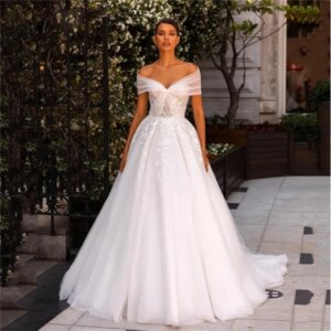Simple Wedding Dress For Women Off-Shoulder Sleevelss With Flowers A-Line Pure Plain Satin Vestidos New White Split Bridal Gown