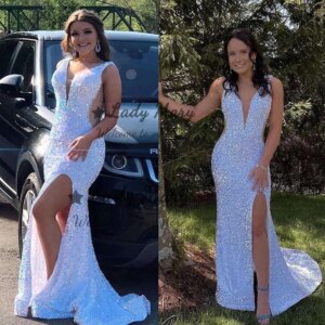 Glitter Velvet Sequins Prom Dresses Deep V Neck Split Front Girl Formal Graduation Party Gowns Night Evening Robe Customized
