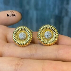 KUGG 100% 18K Yellow Gold Earrings Elegant Sunflower Shape Real Natural Diamond Hoop Earrings for Women High Wedding Jewelry