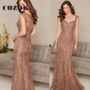 Rose Gold Sexy Lace Mermaid Mother Of The Bride Dresses 2023 Luxury Beads Cap Sleeve Women Formal Evening Prom Dresses SX71