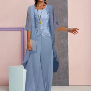 Customized Long Blue Scoop Chiffon Mother of the Brides Dresses A-Line Lace Short Sleeve Floor Length Godmother Dress for Women