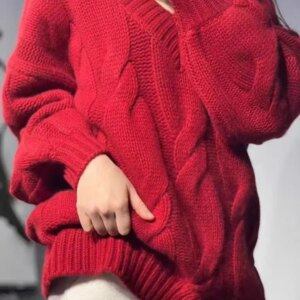 Soft and Warm Autumn/Winter Pure Cashmere Women’s V-Neck Braided Thickened Short Sweater Lazy Wool Basic-Shirt