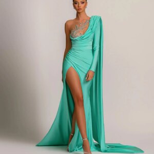 Customized Fashion Jersey Straight One Shoulder Crystal Evening Dresses Crew Neck Long Sleeves Watteau Train Party Dre
