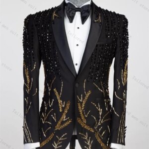 Crystals Men Suit Set 2 Pieces Black Blazer+Pant Formal Work Office Male Jacket Prom Cotton Coat Trousers Groom Wedding Tuxedos