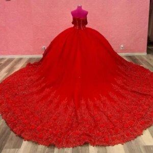 Customized Gorgeous Luxury Red Quinceanera Dresses Ballgowns Off Shoulder Flower Sweep Train Sweet 16 Girl Party Prom Dress 15