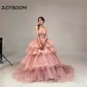 Customized Charming Strapless Tiered Pink Ball Gown 2025 Formal Evening Dresses for Women Court Train Party Dresses Prom Dress