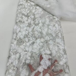 White Lace Fabric 2024 High Quality Lace 5 Yards Latest Lace Fabric Embroidery Beaded Sequin Lace Fabric For Wedding DressA794-1