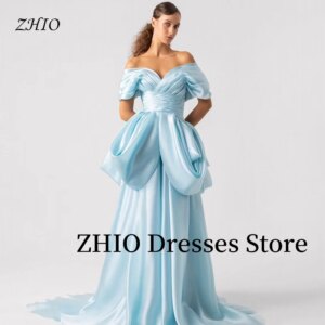 ZHIO Light Blue Evening Dresses Pleat Tiered Off the Shoulder Formal Occasion Cocktail Party Dress Prom Gown Customized