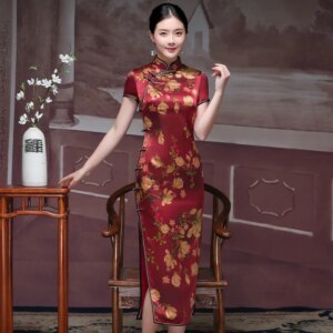 Yuan Ji New Printed High Quality Real Silk Long Cheongsam Qipao Women’s Dress