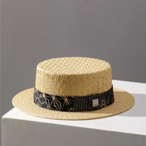 Summer hand-woven hat, top flat sunshade men and women around holiday sunscreen show small face