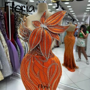 Aso Ebi Orange Long Mermaid Party Dresses 3D Leaf Designs Beaded Crystals Formal Evening Occasions Wedding Reception Dinner Gown