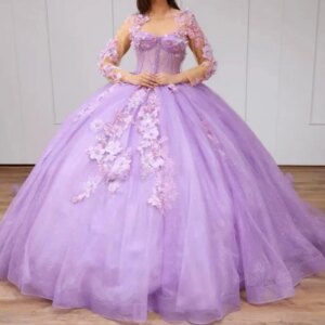 Customized Lavender Long Sleeve Quinceanera Dress V Neck Floral Lace Up Sweet 15 16 Dress For Prom Birthday Party Gown Vestido