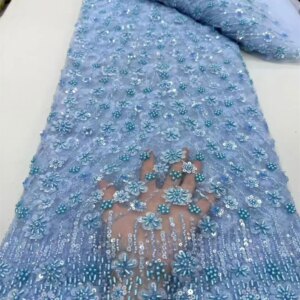 Sky Blue African Lace Fabric High Quality Nigerian Party Lace Fabric 2024 Beaded Lace Fabric with Sequin Embroidery 5Yard Q174-1