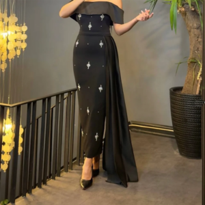 Customized Straight Prom Dresses Floor-Length Boat Neck Short Sleeve Evening Dresses Fahion Draped Crystal Sexy Backless