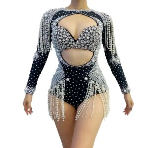 Sparkly Rhinestones Pearls Fringes Bodysuit Sexy Birthday Evening Celebrate Outfit Party Dance Female Singer Show Stage Costumes
