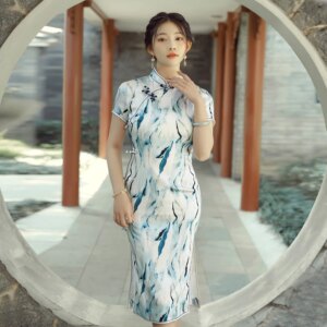 Summer New High Quality Real Silk Improved Mid-Length Printed Tea Cheongsam Qipao Women’s Dress