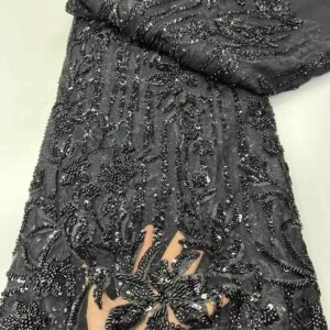 Black French Sequins Wedding Tulle Lace Fabric 2025 High Quality African Nigerian Beads Net Mesh Fabric For Evening Party Dress