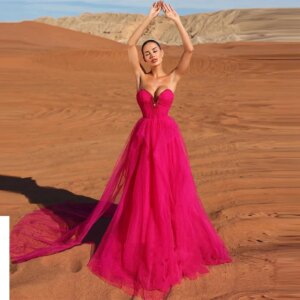Sweetheart Fuschia Tulle Prom Evening Dresses Side Split Beach Evening Gowns Formal Party Dress Long VestidosCL-618