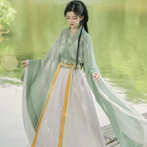 Women’s Han Chinese Clothing Ancient Costume Cross-Collar Ruqun Flow Skirt with Wide Sleeves Super Elegant Wei and Style