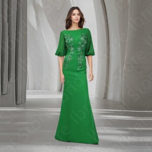 Customized Gorgeous Evening Dresses Green Mermaid Arabic Prom Gowns Half Sleeves Wedding Guest Dresses Middle East Appliqued