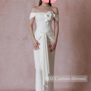 XIXI Customized Evening Dresses Sheath Off-The-Shoulder Neckline Hand-Made Flowers Prom Dresses Long Sleeves Floor-Length Lining
