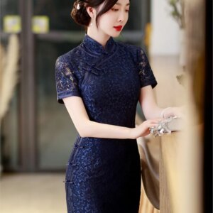Ladies long slim-fit silk cheongsam runway banquet dress lace