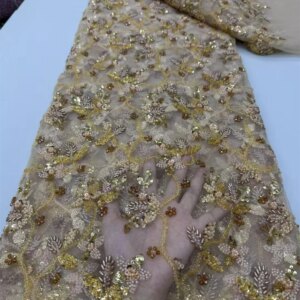 Gold Handmade Bead Lace Fabric New Arrival 2024 African Lace Fabric 2024 High Quality 5Yards Sequin Lace Fabric for Dress Q108-1