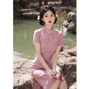 Retro National Style Mid-Length Monofilament Linen Short Sleeve Robe Qi Pao Summer New Improved Chinese Girl Cheongsam Skirt