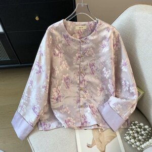 New Chinese style Hanfu dish button jacquard brocade heavy industry embroidery long sleeve cardigan lady coat