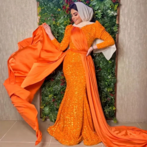 Flavinke Customized Orange Sequin Muslim Mermaid Evening Dresses Long Sleeves Party Dresses Formal With Cape robe de soiree